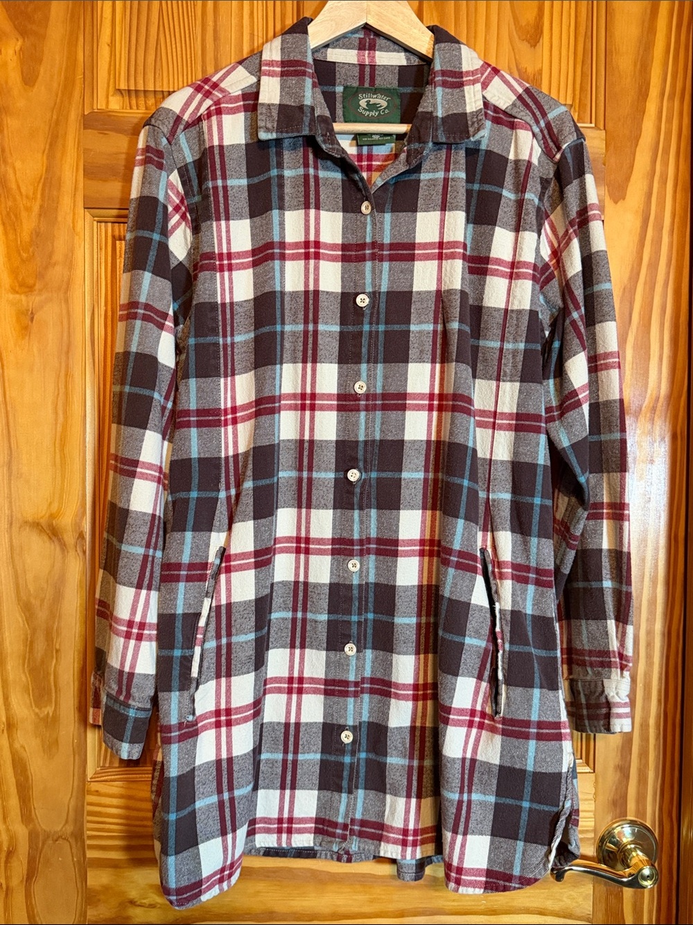 Stillwater Supply Plaid Button-Down Tunic Shirt in Burgundy, Brown & Cream